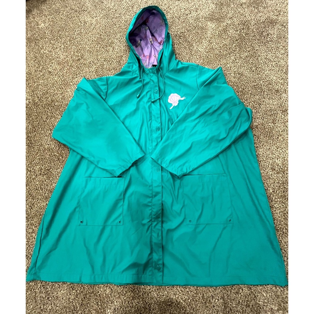 Disney Windbreaker Jacket Womens 6 Teal Embroidered Hooded Raincoat Snap Front